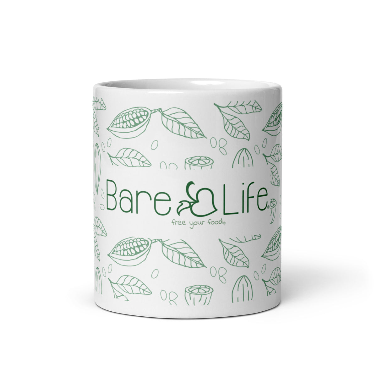 Image of a white ceramic mug featuring the Bare Life logo in green, along with the tagline &#39;Free Your Food.&#39; The design includes illustrations of cacao pods, leaves, and beans, evoking a natural and organic feel. This mug is ideal for enjoying a cup of dairy-free, gluten-free, refined sugar-free, soy-free, plant-based, vegan, non-GMO, Paleo, organic, and kosher hot cocoa.