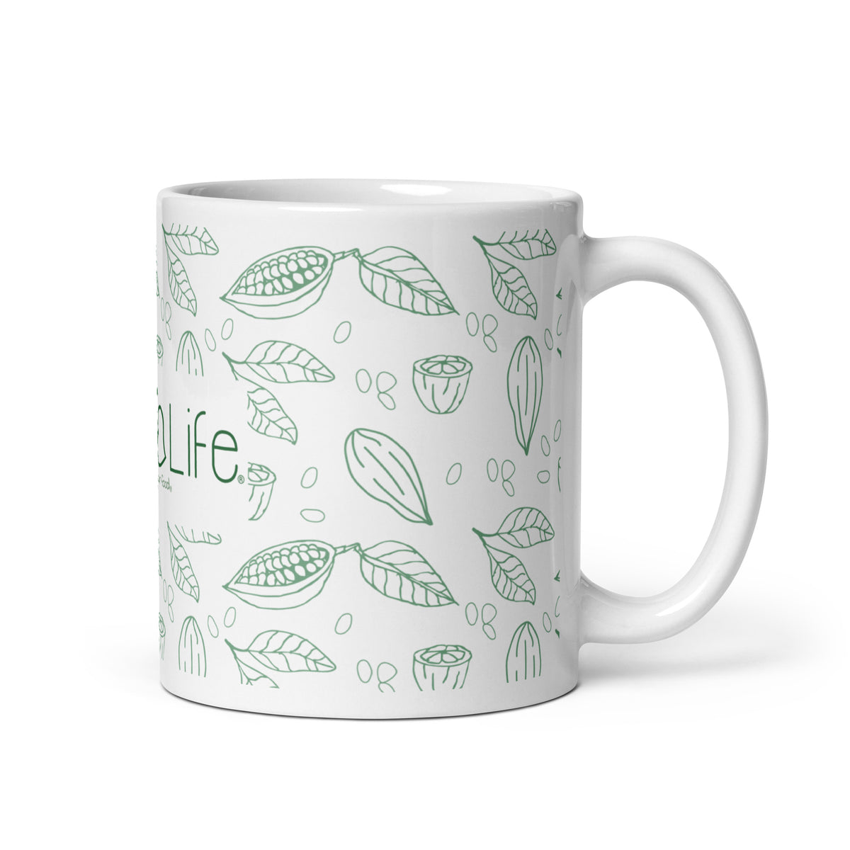 Image of a white ceramic mug featuring the Bare Life logo in green. The design includes illustrations of cacao pods, leaves, and beans, evoking a natural and organic feel. This mug is ideal for enjoying a cup of dairy-free, gluten-free, refined sugar-free, soy-free, plant-based, vegan, non-GMO, Paleo, organic, and kosher hot cocoa.